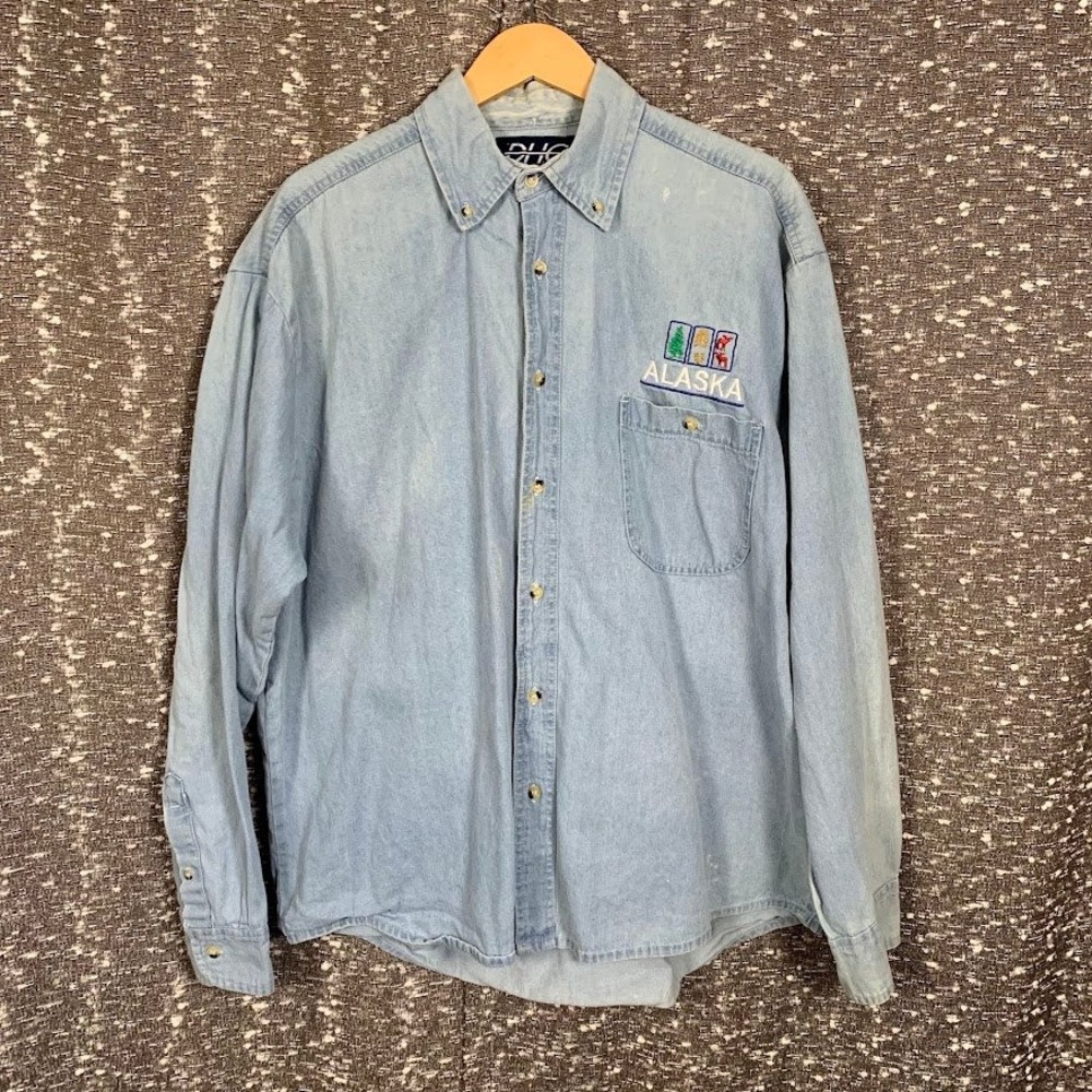 Vintage DHG Alaska Embroidered Denim Button Down Shirt Outdoor Travel Mens Large